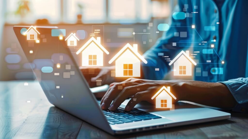 Property Value And Real Estate Concept Person Using Laptop To Compare House Offers Online Digital Illustration