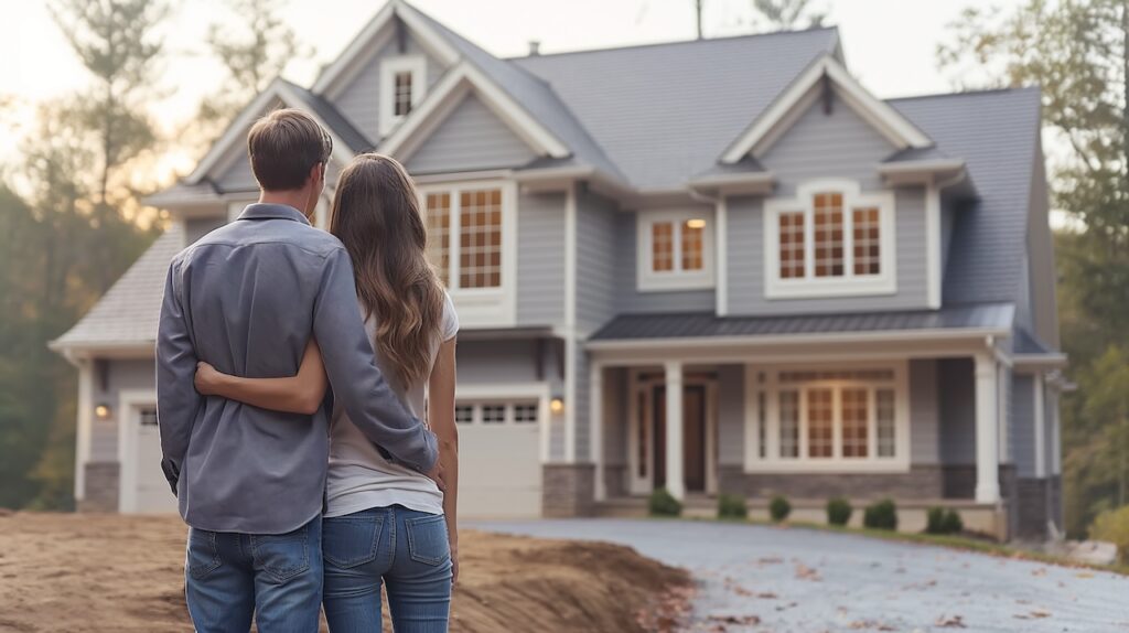 Rear View Of Young Married Couple Chooses And Buys House